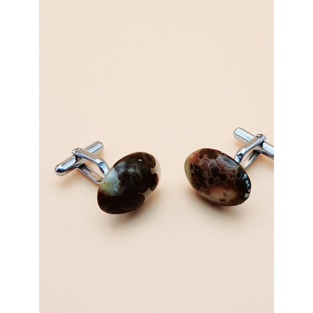 Vtg AGATE W/ FOSSILS Cabochon Men's Tie‎ Bar Clip & Cufflinks Set FREE $HIPPING!